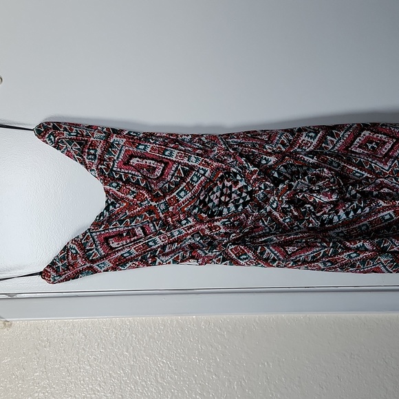 Long jumpsuit, rayon ethnic print white, berry,green with black accent. - Picture 2 of 2